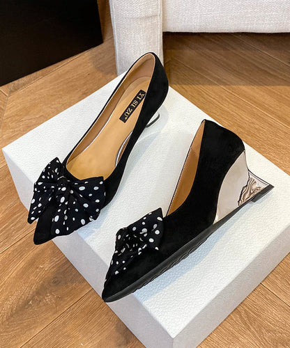 Suede Bow Black Toe Wedge Pointed Shoes Splicing