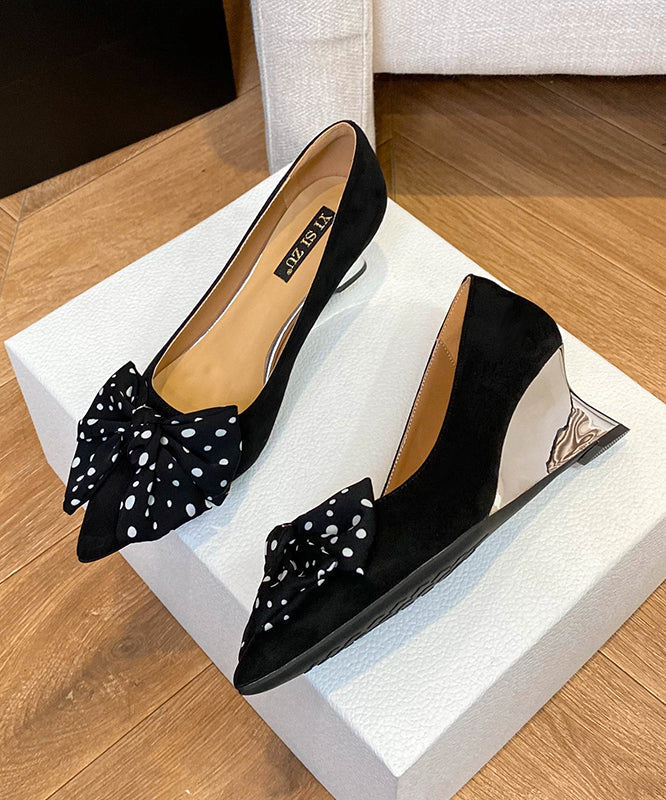 Suede Bow Black Toe Wedge Pointed Shoes Splicing