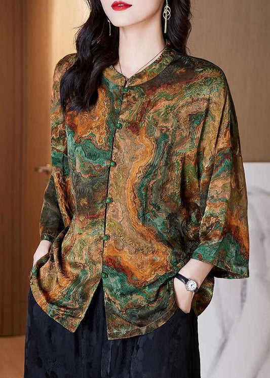 Brown Stand Collar Button Print Patchwork Silk Blouse Top Summer Tf1060