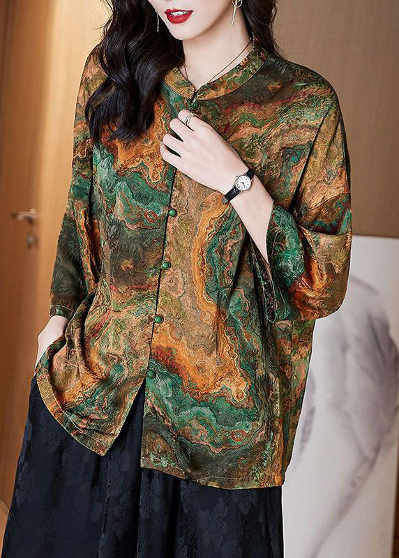 Brown Stand Collar Button Print Patchwork Silk Blouse Top Summer Tf1060