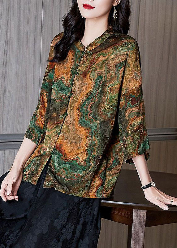 Brown Stand Collar Button Print Patchwork Silk Blouse Top Summer Tf1060