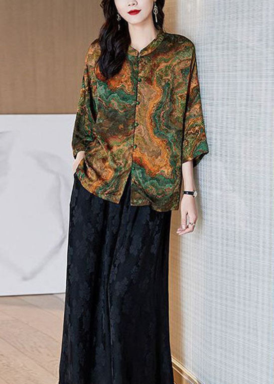 Brown Stand Collar Button Print Patchwork Silk Blouse Top Summer Tf1060