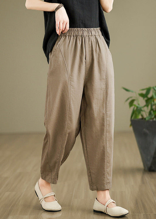 Camel Pockets Elastic Waist Cotton Pants Fall Qo051