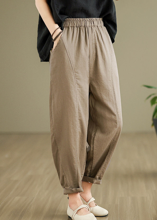 Camel Pockets Elastic Waist Cotton Pants Fall Qo051