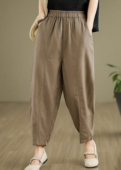Camel Pockets Elastic Waist Cotton Pants Fall Qo051