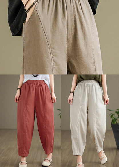 Camel Pockets Elastic Waist Cotton Pants Fall Qo051