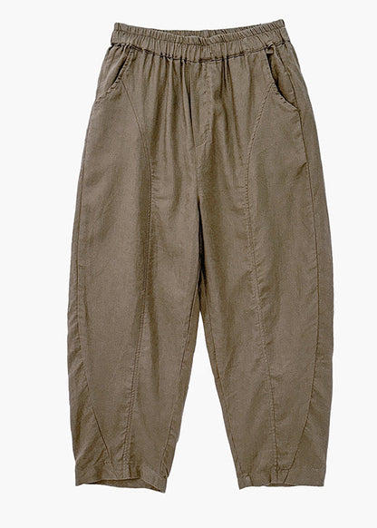 Camel Pockets Elastic Waist Cotton Pants Fall Qo051