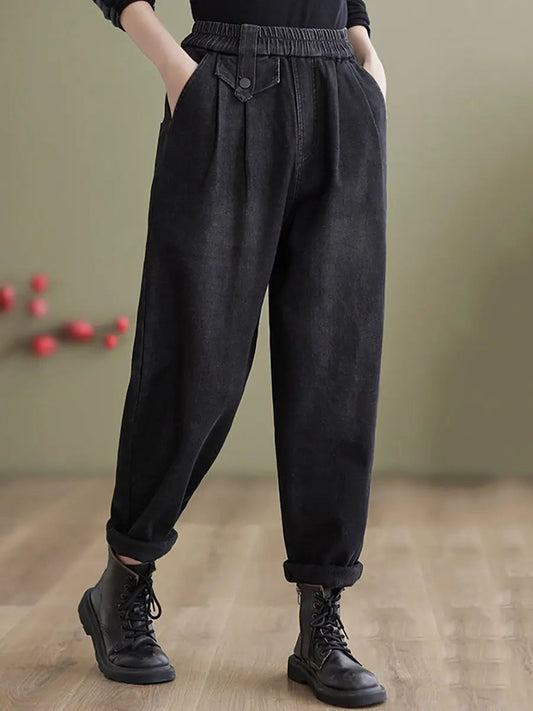 Fleece-lined Denim Harem Pants
