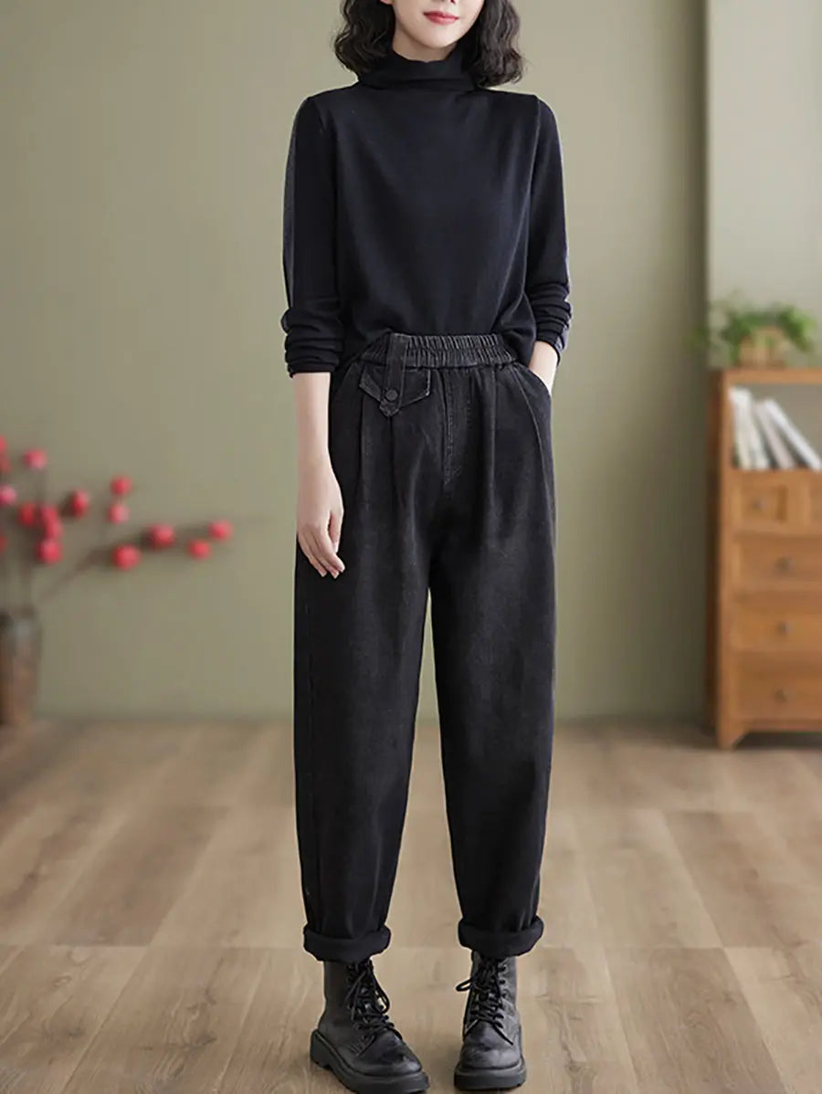 Fleece-lined Denim Harem Pants