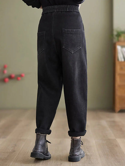 Fleece-lined Denim Harem Pants