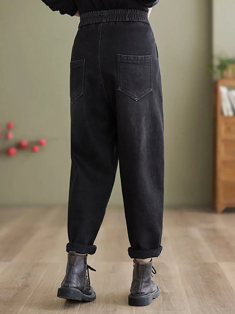 Fleece-lined Denim Harem Pants