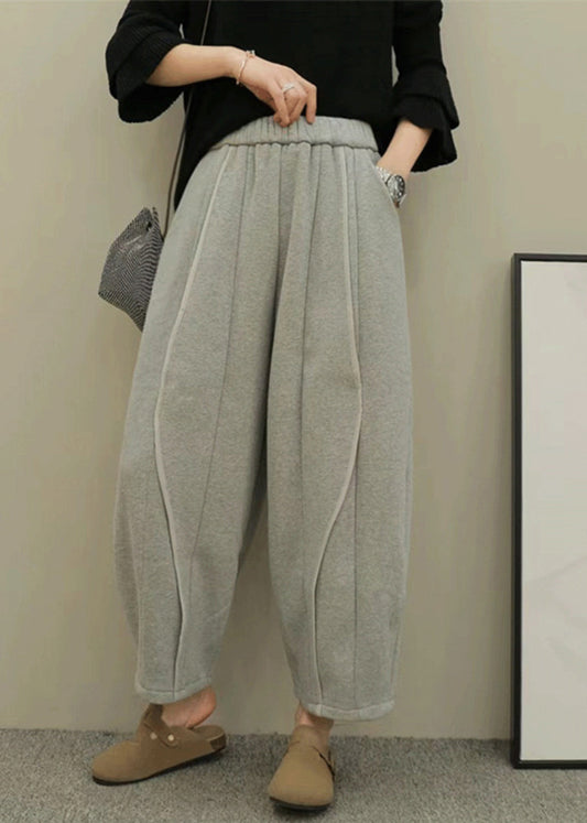 Grey Pockets Elastic Waist Patchwork Cotton Pants Fall Ru044