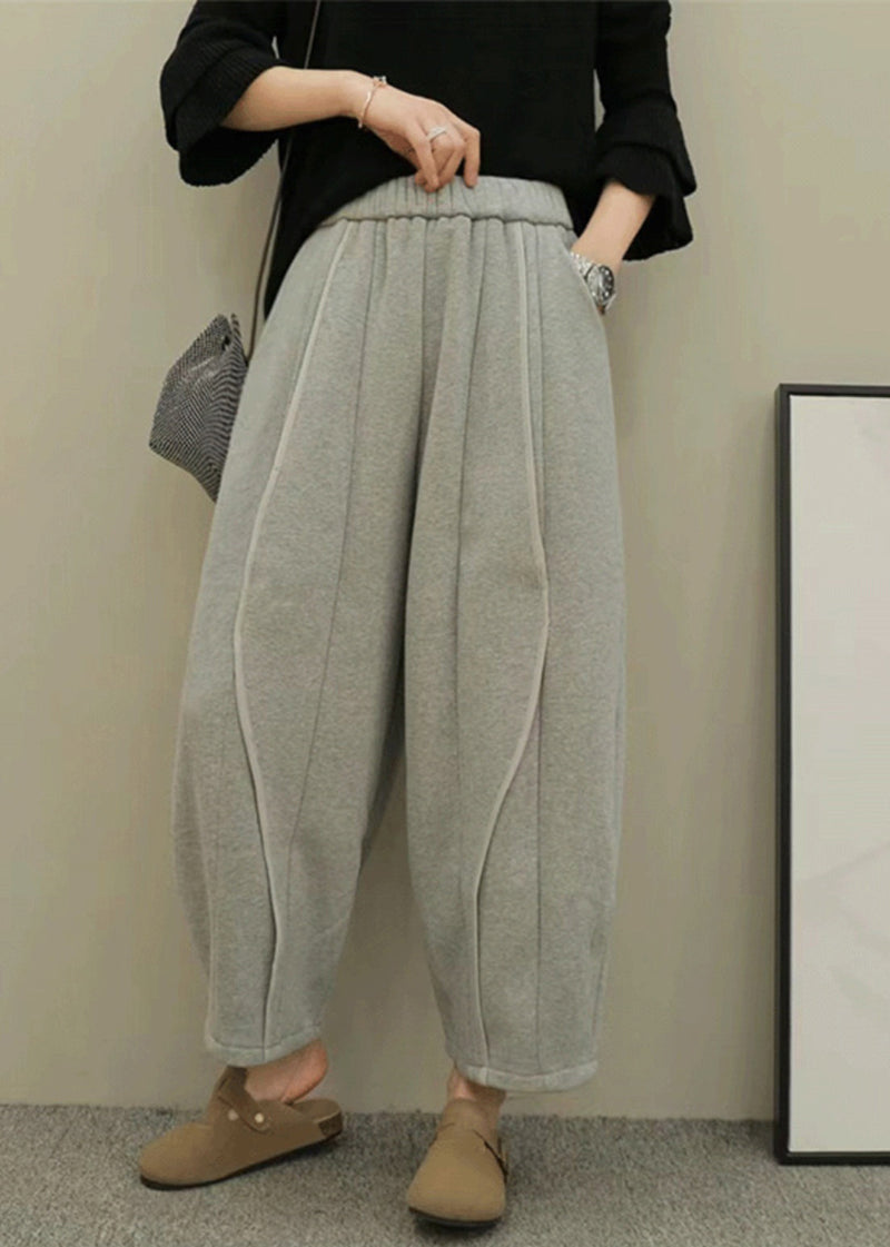 Grey Pockets Elastic Waist Patchwork Cotton Pants Fall Ru044