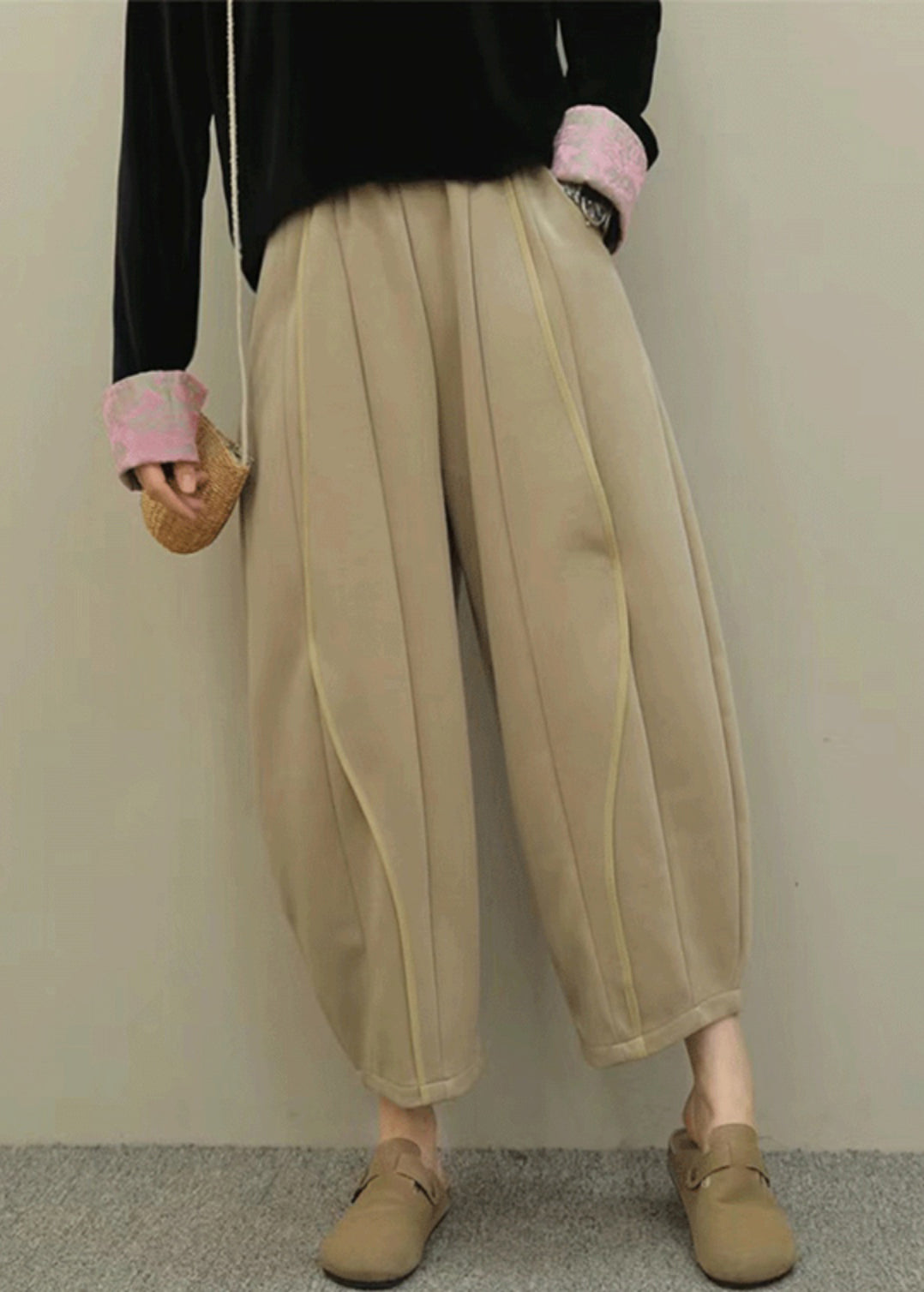 Grey Pockets Elastic Waist Patchwork Cotton Pants Fall Ru044