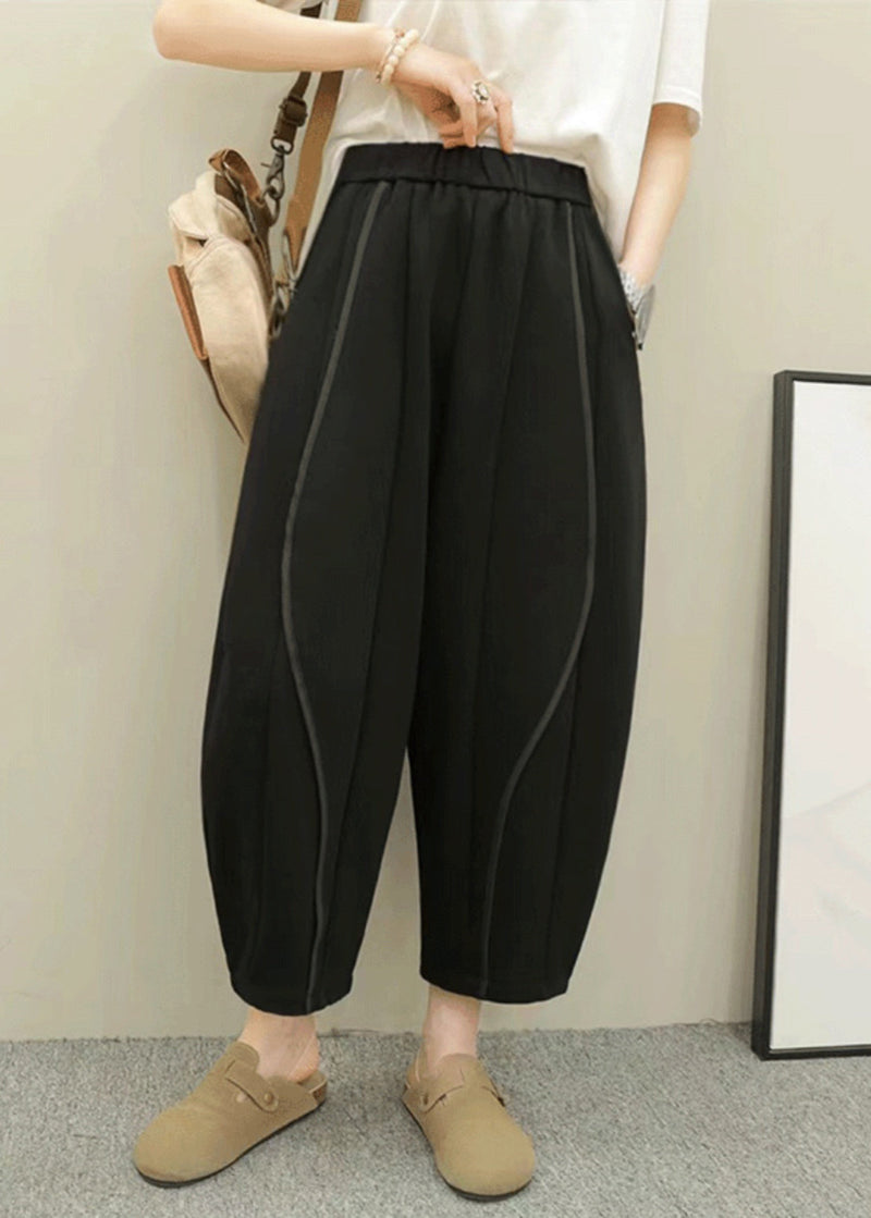 Grey Pockets Elastic Waist Patchwork Cotton Pants Fall Ru044