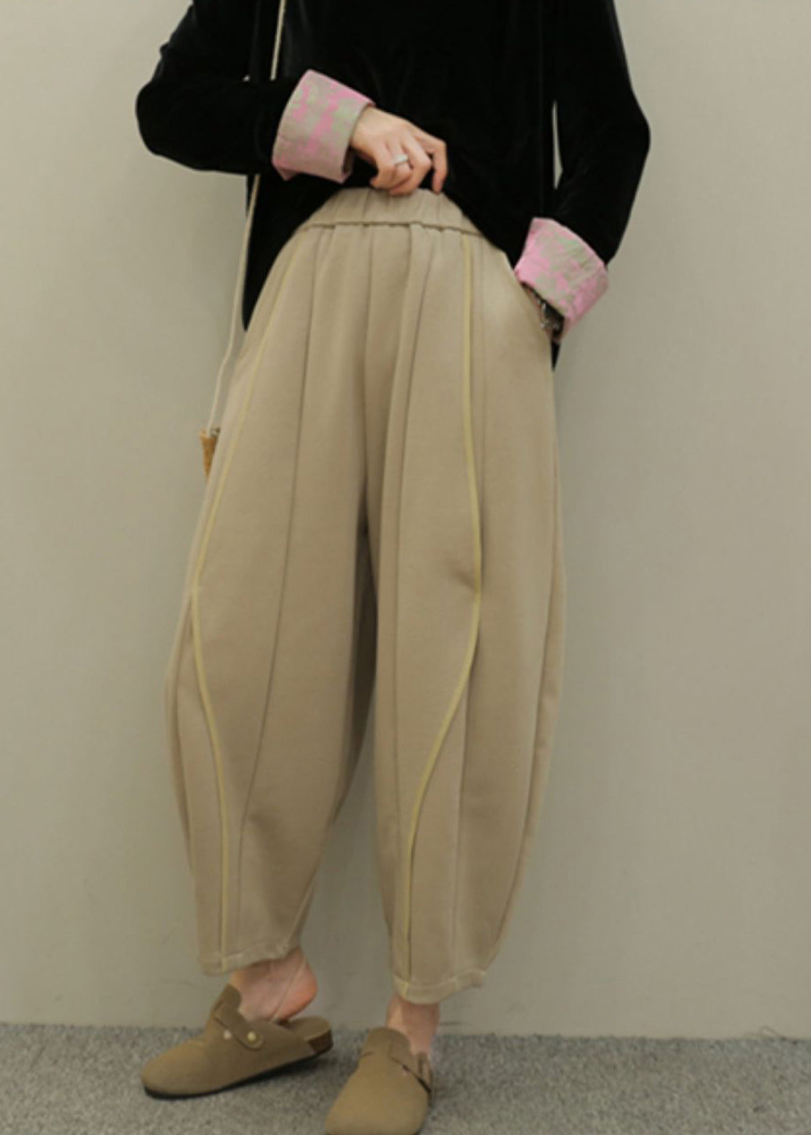 Grey Pockets Elastic Waist Patchwork Cotton Pants Fall Ru044
