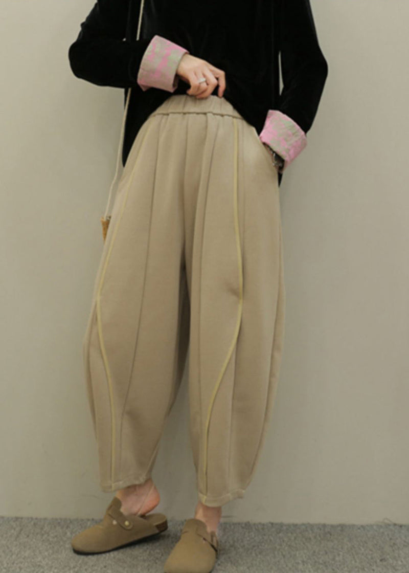 Grey Pockets Elastic Waist Patchwork Cotton Pants Fall Ru044