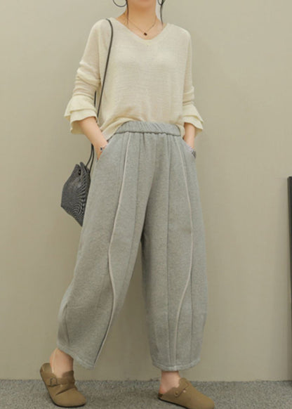 Grey Pockets Elastic Waist Patchwork Cotton Pants Fall Ru044