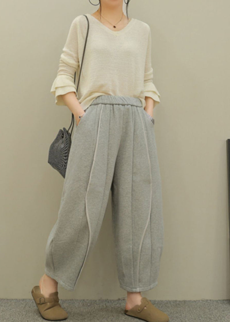 Grey Pockets Elastic Waist Patchwork Cotton Pants Fall Ru044