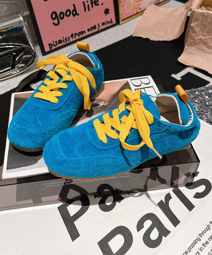 Soft Comfy Blue Suede Flat Shoes Splicing Lace Up Yc021