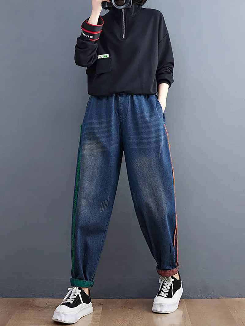 Colorblock Raw-edge Denim Pants