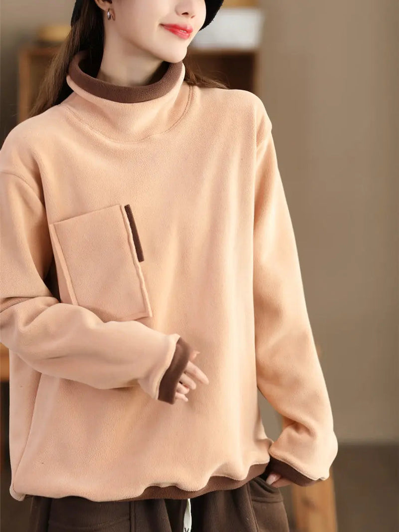 Spliced Turtleneck Fleece Sweatshirt