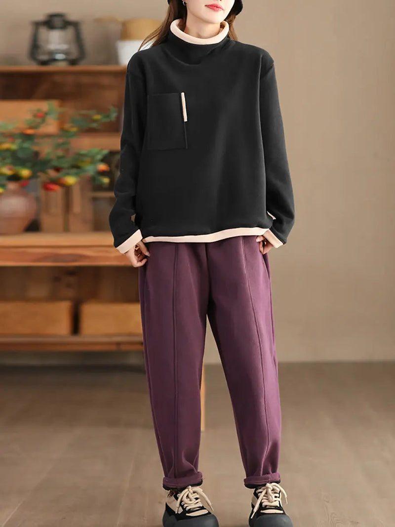 Spliced Turtleneck Fleece Sweatshirt