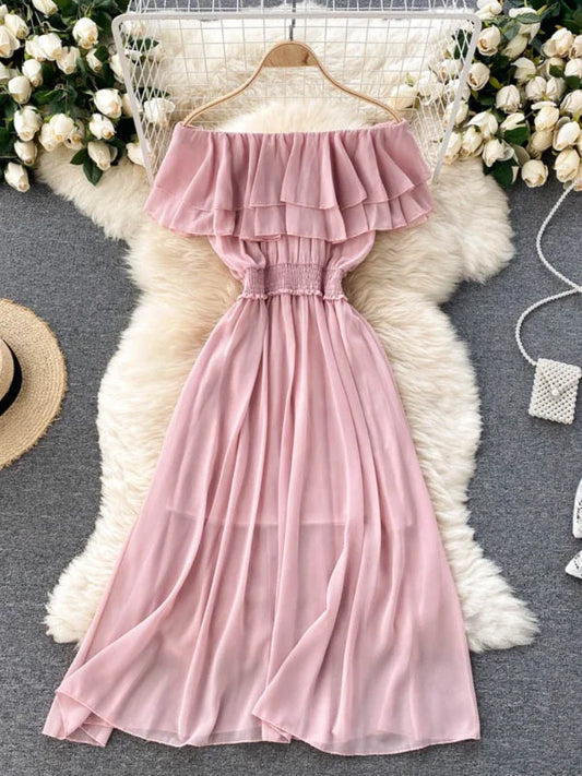Chiffon Beach Dress Double Layer Ruffled Off the Shoulder Dresses Sweet Slash Neck Long Dress