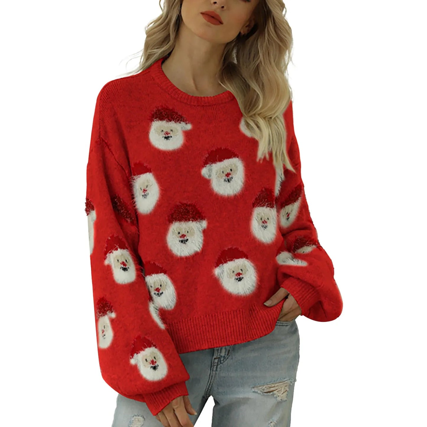 Santa Head Pattern Winter Fleece Crewneck Christmas Sweater