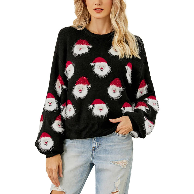 Santa Head Pattern Winter Fleece Crewneck Christmas Sweater