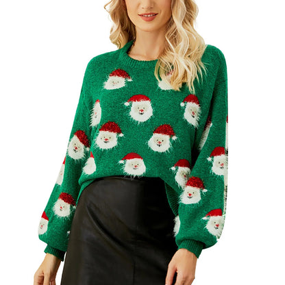Santa Head Pattern Winter Fleece Crewneck Christmas Sweater