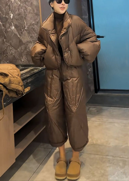 Coffee Button Coat and Crop Pants Cotton Filled Two Pieces Set Spring Yw027