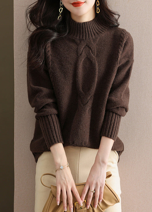 Coffee Half Hign Neck Thick Patchwork Knitted Sweaters Fall Ql060