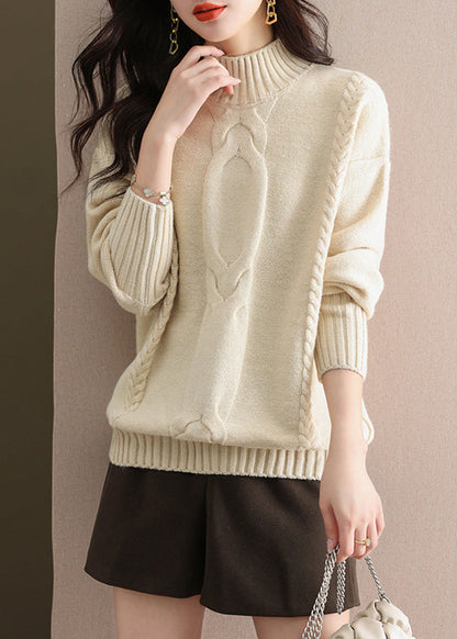 Coffee Half Hign Neck Thick Patchwork Knitted Sweaters Fall Ql060