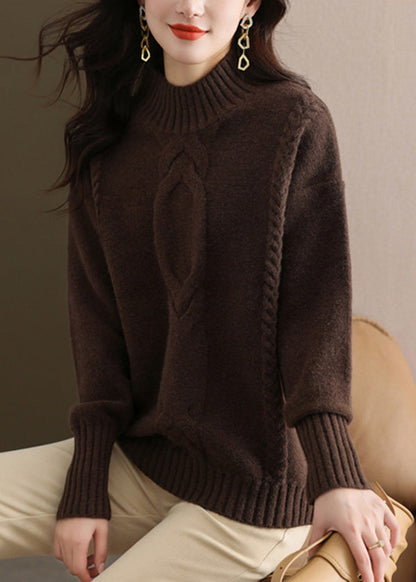 Coffee Half Hign Neck Thick Patchwork Knitted Sweaters Fall Ql060