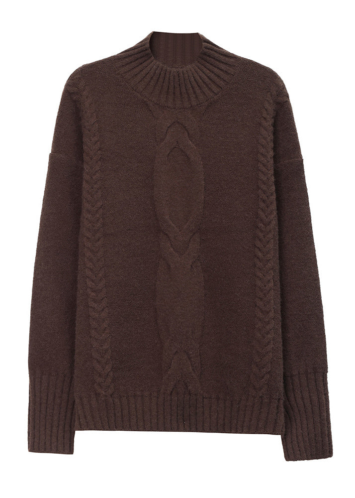 Coffee Half Hign Neck Thick Patchwork Knitted Sweaters Fall Ql060