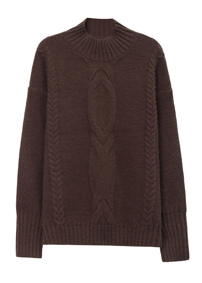 Coffee Half Hign Neck Thick Patchwork Knitted Sweaters Fall Ql060