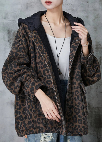 Coffee Hooded Leopard Print Warm Fleece Coat Spring Jk1015