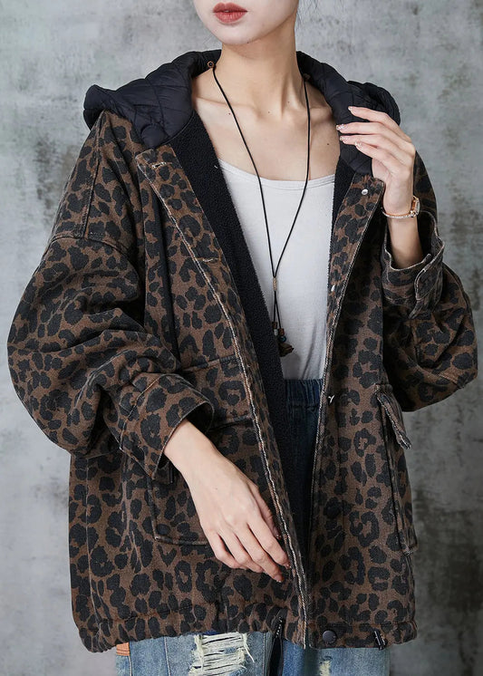 Coffee Hooded Leopard Print Warm Fleece Coat Spring Jk1015