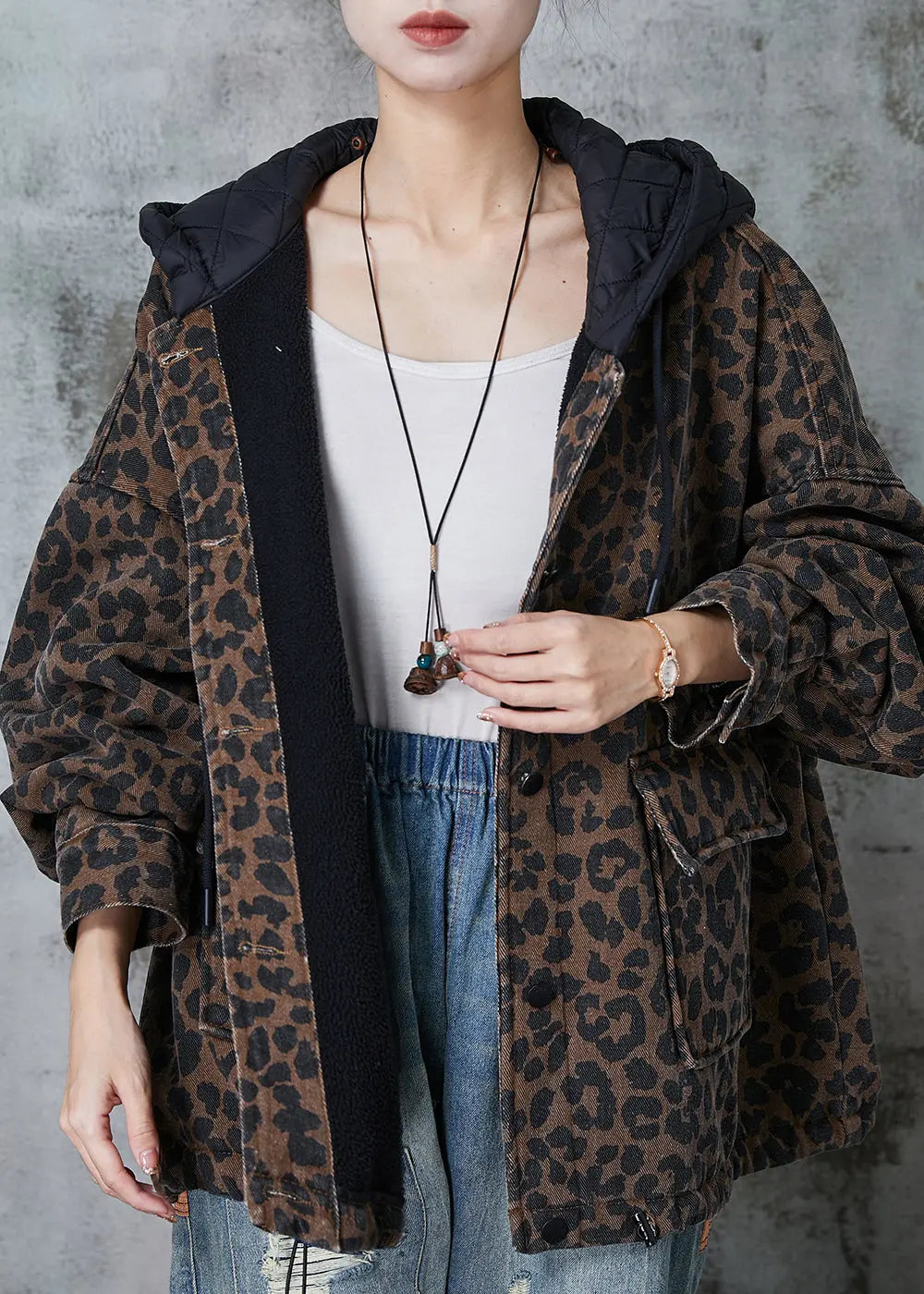 Coffee Hooded Leopard Print Warm Fleece Coat Spring Jk1015