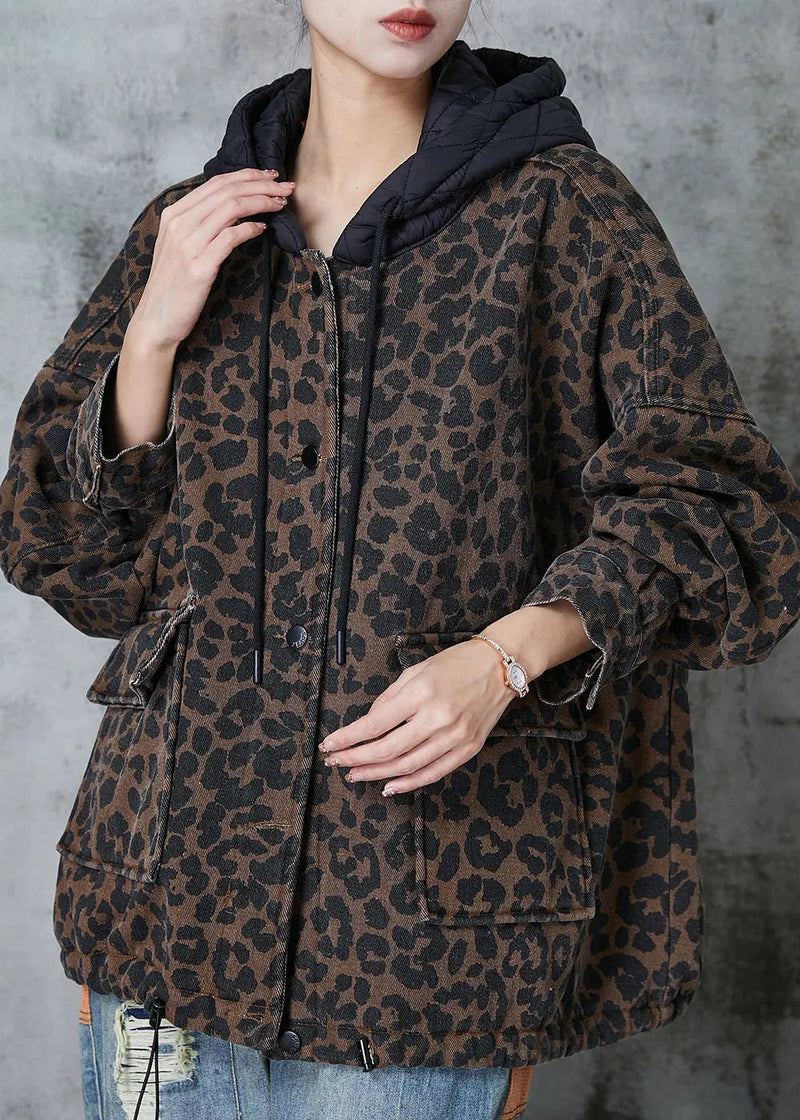 Coffee Hooded Leopard Print Warm Fleece Coat Spring Jk1015
