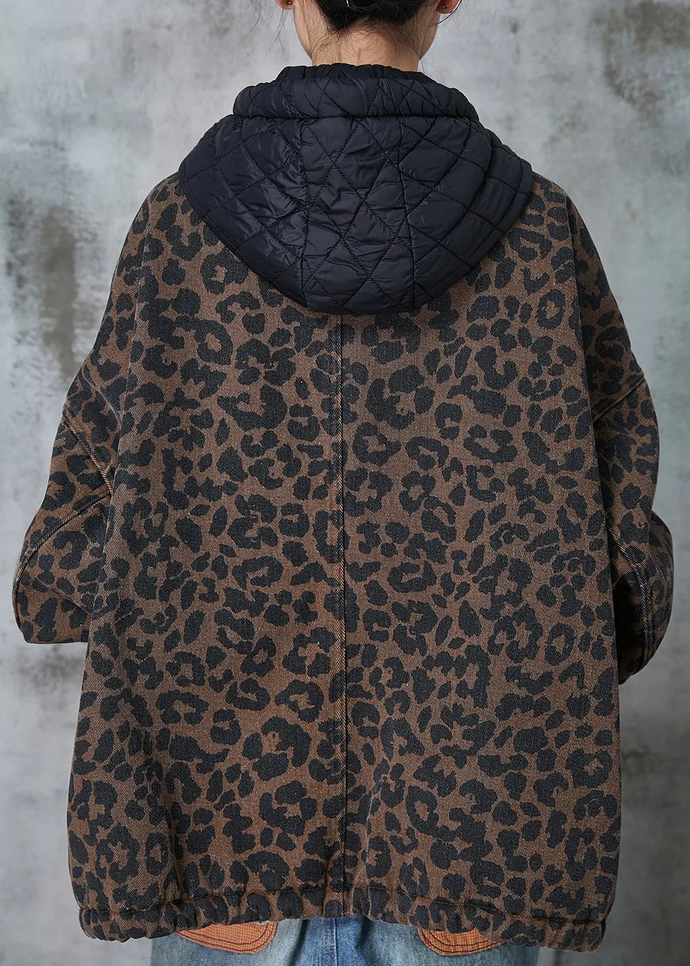 Coffee Hooded Leopard Print Warm Fleece Coat Spring Jk1015