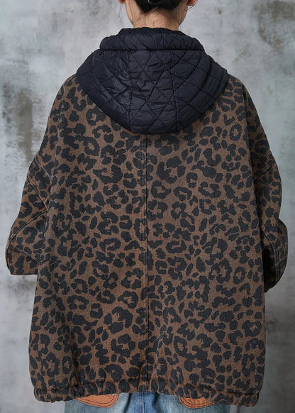 Coffee Hooded Leopard Print Warm Fleece Coat Spring Jk1015