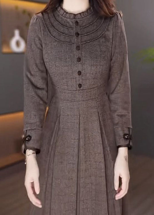 Coffee Patchwork Button Maxi Dress Spring Rf033