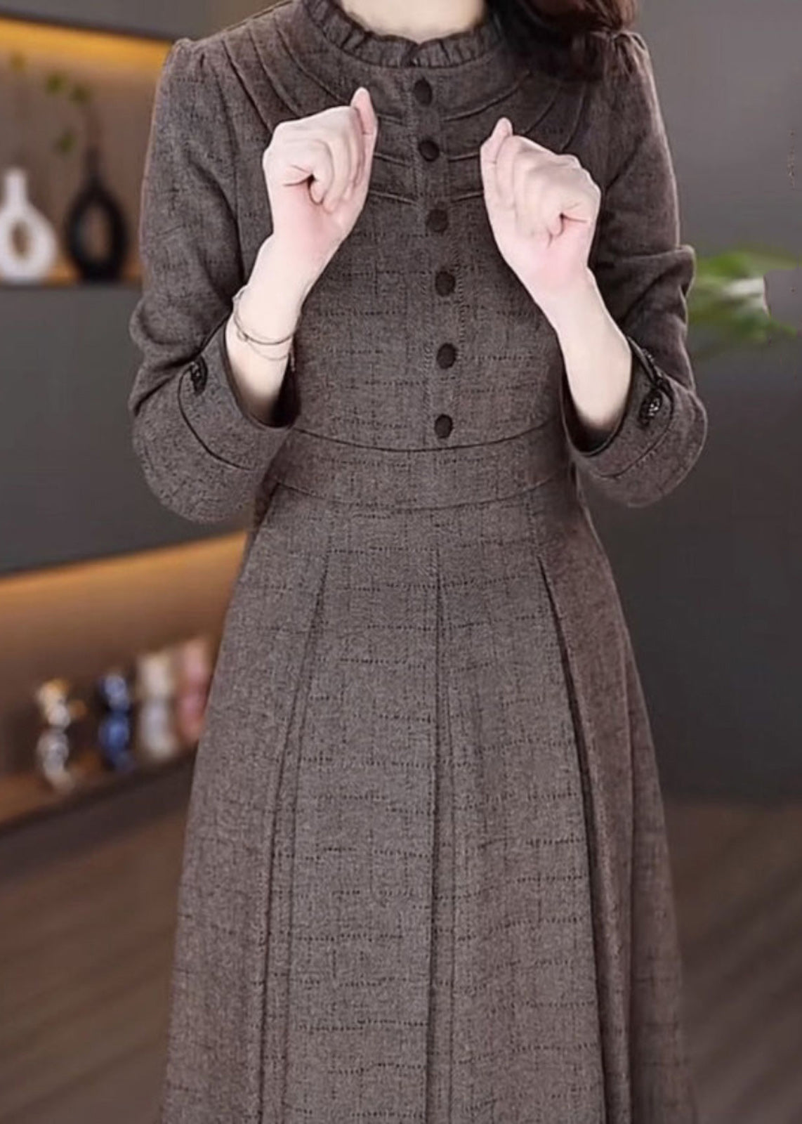 Coffee Patchwork Button Maxi Dress Spring Rf033