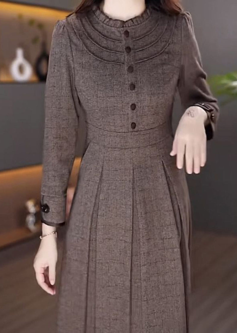 Coffee Patchwork Button Maxi Dress Spring Rf033