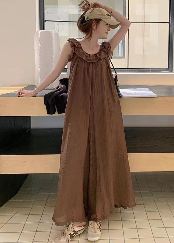 Coffee Ruffled High Waist Cotton Jumpsuit Sleeveless Mn042