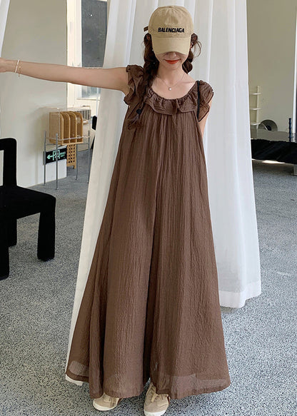 Coffee Ruffled High Waist Cotton Jumpsuit Sleeveless Mn042