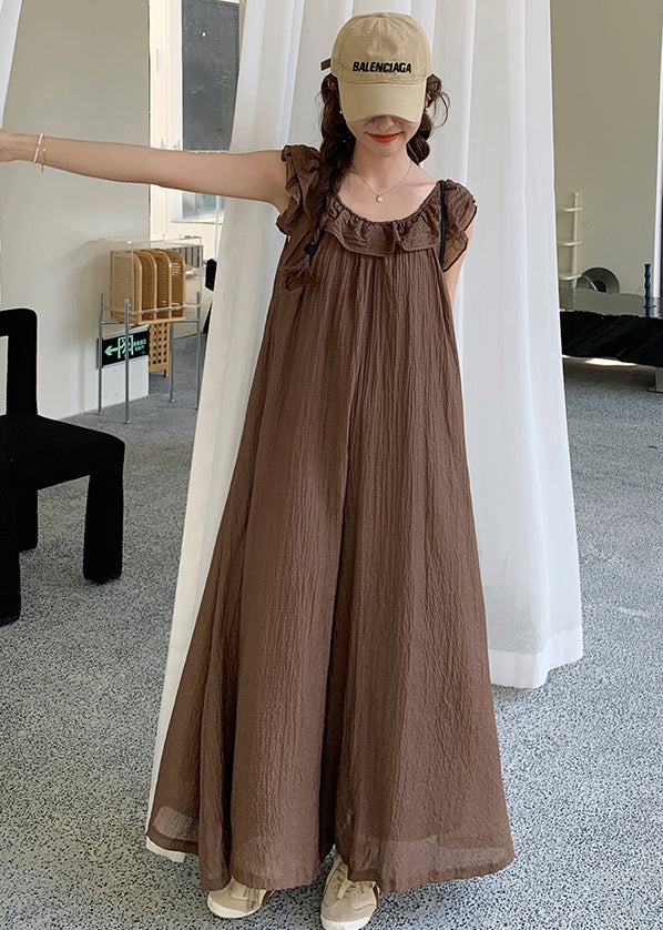 Coffee Ruffled High Waist Cotton Jumpsuit Sleeveless Mn042