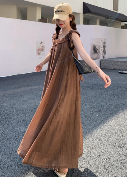 Coffee Ruffled High Waist Cotton Jumpsuit Sleeveless Mn042